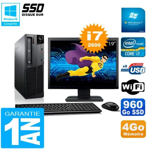 PC Lenovo M92p SFF Ecran 19" Core I7-2600 4Go Disque 960Go SSD Wifi W7