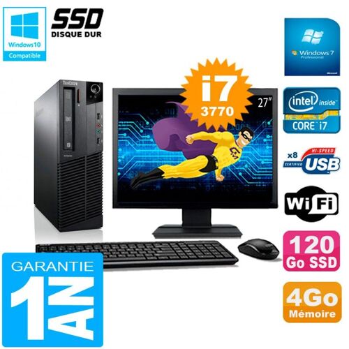 PC Lenovo M92p SFF Ecran 27" Core I7-3770 4Go Disque 120Go SSD Wifi W7