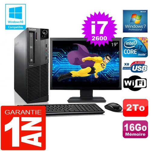 PC Lenovo M92p SFF Core I7-2600 Ram 16Go Disque 2 To Wifi W7 Ecran 19"