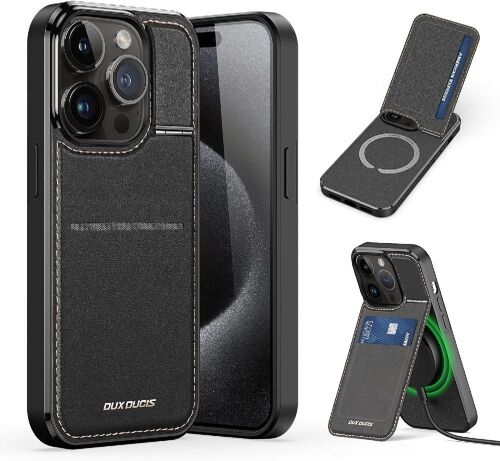 Dux Ducis Étui Pour Iphone 15 Pro Étui De Protection Robuste En Cuir Compatible Avec Magsafe Portefeuille Avec Band Titulaire De La Carte De Crédit - Noir