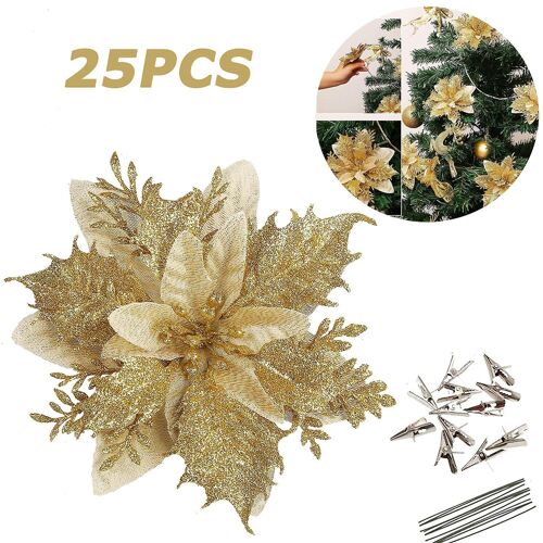 Lot de 25 poinsettias artificiels dorés pailletés de 14 cm, décoration de Noël avec pinces et tiges pour compositions festives