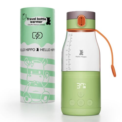 Hello Hippo® Chauffe Biberon Portatif - Usb - Chauffe Biberon Nomade Lait/Eau Portable - 300 Ml - Gradation /30 Ml - Température Réglable - Pratique Et Léger