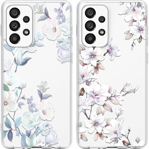 TRAHOO-2 Pièces Coque pour Samsung Galaxy A53 5G 6,5"", Transparente Souple Silicone avec Motif Fleur Design Étui pour Filles Femmes, Antichoc Anti-Rayures Bumper Protection Housse pour Samsung A53 5G