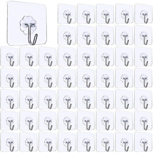 Lot de 50 crochets adhésifs transparents très résistants ¿ Réutilisables, sans perçage, étanches, pour surfaces lisses