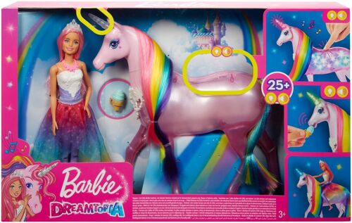 Barbie Dreamtopia Licorne rose Lumières Magiques avec crinière arc-en-ciel sons et lumières