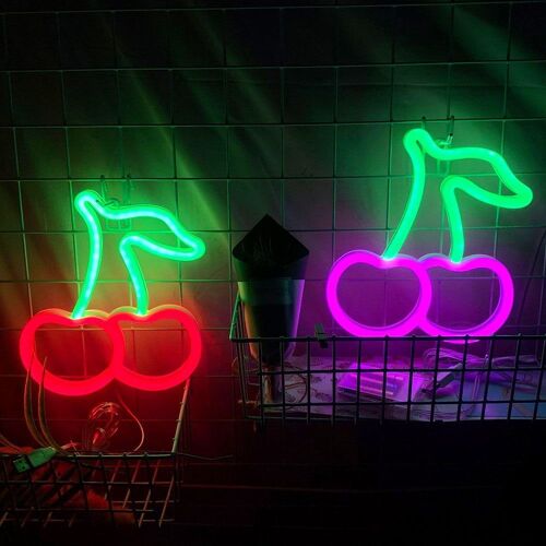 Enseigne lumineuse néon Cherry ¿ Décoration murale alimentée par USB/batterie, LED étanche pour chambres d'enfants, fêtes et plus encore