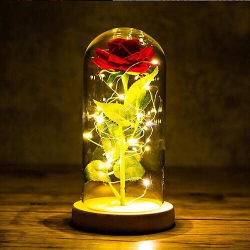 Rose éternelle en soie rouge sous dôme de verre avec lumières LED ¿ Cadeau idéal pour l'amour, les mariages et les occasions spéciales
