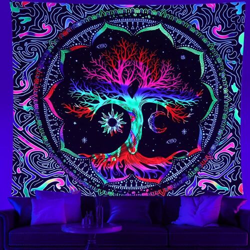 Tapisserie Mandala Arbre de Vie ¿ Tenture murale Soleil et Lune réactive aux UV pour la décoration intérieure, le yoga et les cadeaux