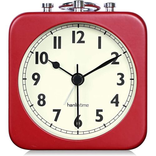 Réveil analogique compact et silencieux de 8,5 cm ¿ Horloge de voyage carrée en métal rouge pour la maison et les déplacements