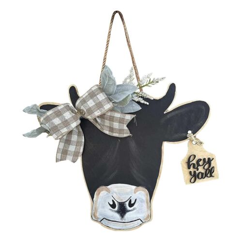 Panneau de bienvenue rustique en forme de tête de vache - Charmante couronne de porte en bois avec verdure et noeud papillon - Parfait pour la décoration intérieure et les cadeaux