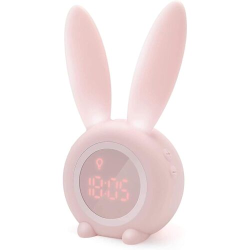 Réveil lapin mignon avec veilleuse, fonction snooze, 6 sons, rechargeable par USB, idéal pour les enfants et les adultes