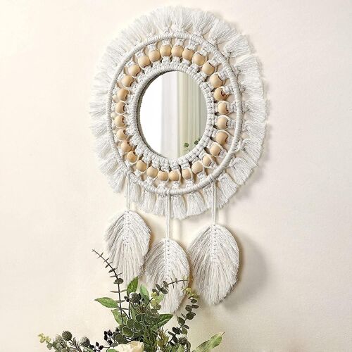 Miroir mural bohème en macramé avec franges ¿ Miroir rond décoratif élégant pour la décoration intérieure