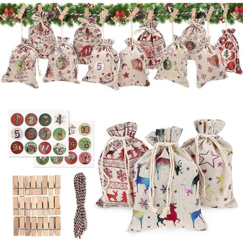 Calendrier de l'Avent en draps de coton festifs - 24 sacs personnalisables pour le compte à rebours de Noël et la décoration des fêtes