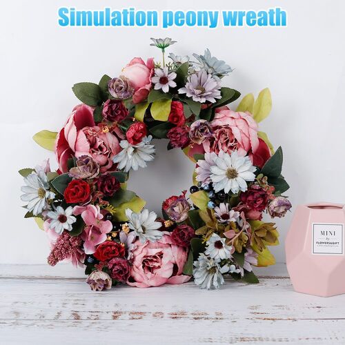 Couronne de pivoines artificielles réalistes ¿ Guirlande de fleurs en soie de 35 cm pour porte et décoration intérieure ¿ Sans entretien et protégée contre les UV