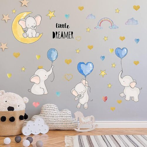 Stickers muraux montgolfières éléphants colorés ¿ Stickers animaux mignons pour chambres d'enfants avec coeurs et étoiles