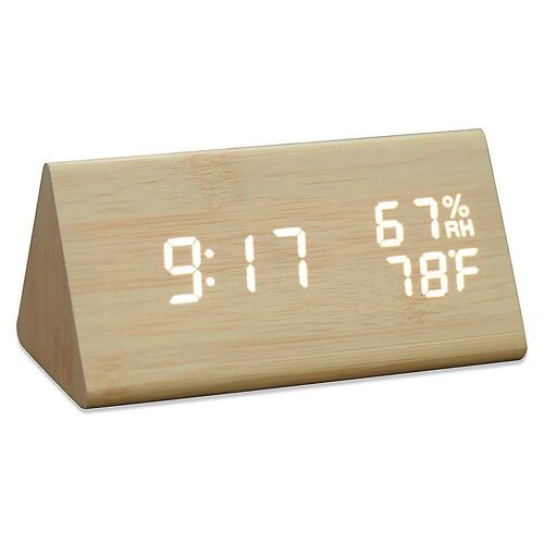Réveil numérique élégant en bois avec affichage LED, 3 alarmes, température et humidité, alimenté par USB et par batterie