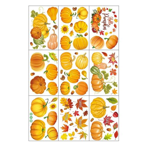 9 feuilles de stickers double face citrouille pour fenêtre ¿ Décoration d'automne colorée pour la maison et le bureau ¿ Autocollants en PVC réutilisables