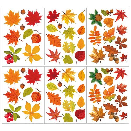 Autocollants pour fenêtre d'automne pour Thanksgiving - 12 feuilles de feuilles d'érable et pommes de pin - Autocollants en PVC réutilisables pour la décoration intérieure