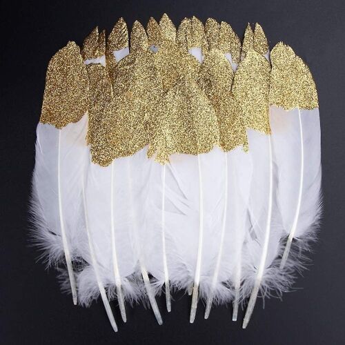 Plumes élégantes en or blanc trempé ¿ 40 plumes artisanales naturelles pour costumes, chapeaux, décoration intérieure et plus encore