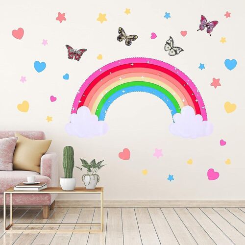 Ensemble d'autocollants muraux amovibles et vibrants arc-en-ciel - 34 pièces d'étoiles, de coeurs et de papillons pour la décoration de la chambre d'enfant