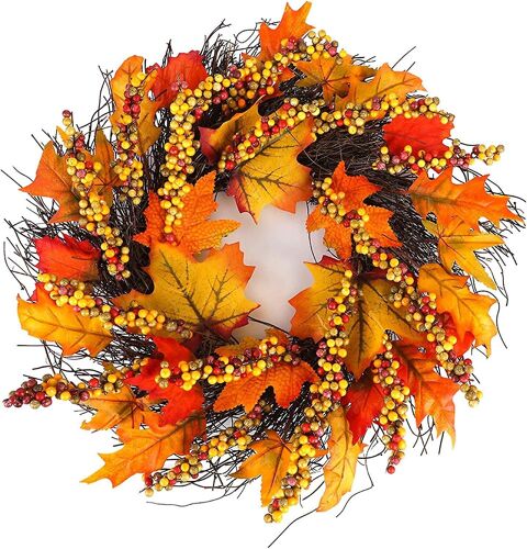 Couronne d'automne vibrante avec feuilles d'érable et baies - Décoration d'automne parfaite pour Thanksgiving et l'entrée de la maison
