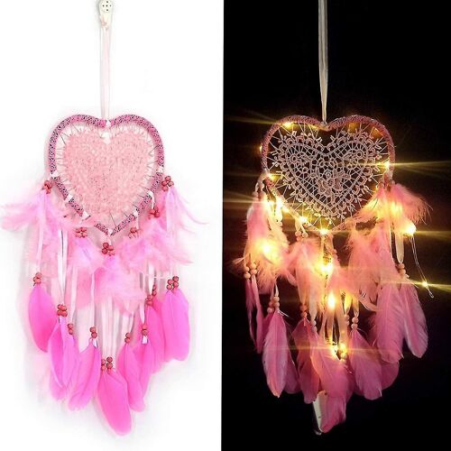 Attrape-Rêves En Forme De Coeur Avec Lumières Led ¿ Décoration En Plumes Faite À La Main Pour Chambre, Chambre D'enfant Et Espaces Cosy