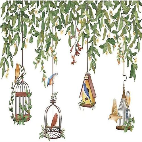 Autocollants muraux feuilles tropicales avec motif cage à oiseaux - Décoration murale amovible à décoller et à coller pour la maison