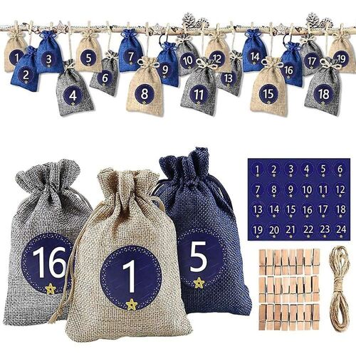 24 sacs de calendrier de l'Avent en tissu écologique pour Noël - Lin, jute, gris et bleu marine avec clips et autocollants