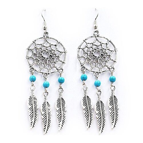 Boucles D'oreilles Élégantes En Argent Attrape-Rêves Avec Pompons Turquoise ¿ Bijoux Uniques En Alliage Pour Toutes Les Occasions