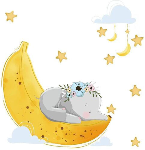 Adorable autocollant mural éléphant Dumbo avec lune et étoiles ¿ Idéal pour les chambres d'enfants et les décorations de fête