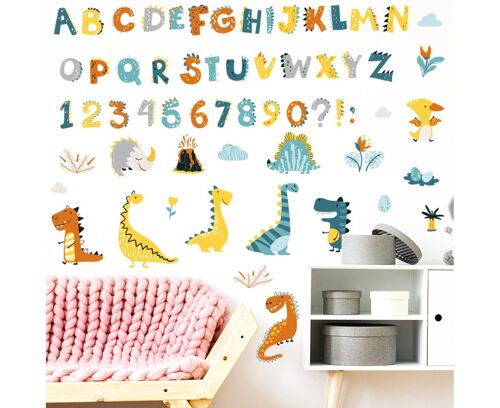 Autocollants muraux colorés avec lettres de l'alphabet et dinosaures pour enfants ¿ Autocollants éducatifs amusants pour crèches et salles de classe