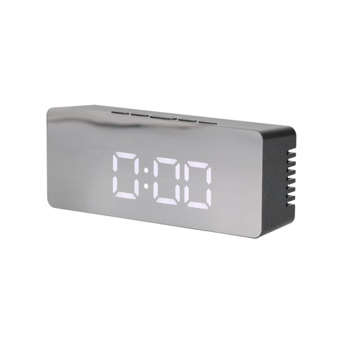 Réveil miroir LED élégant avec affichage de la température, fonction snooze et options d'alimentation USB/batterie