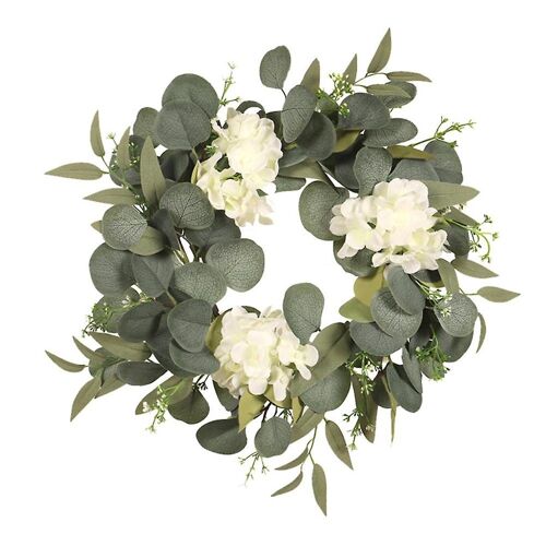 Couronne d'hortensias et d'eucalyptus réalistes - Guirlande artificielle élégante pour la maison, les mariages et les décorations de fêtes