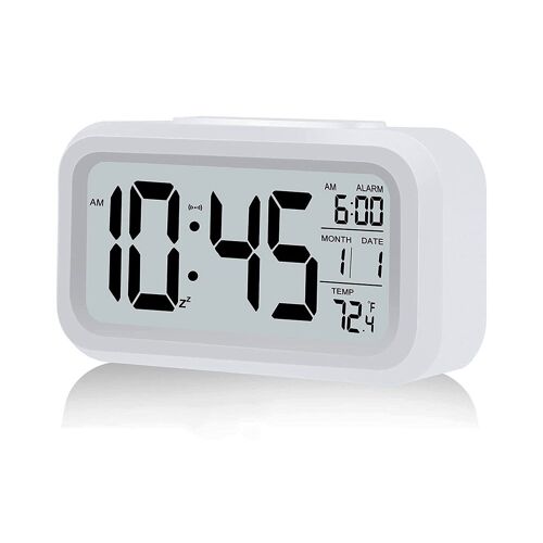 Réveil numérique LED avec fonction répétition, affichage de l'heure, de la température et capteur de lumière - Horloge de chevet élégante en blanc
