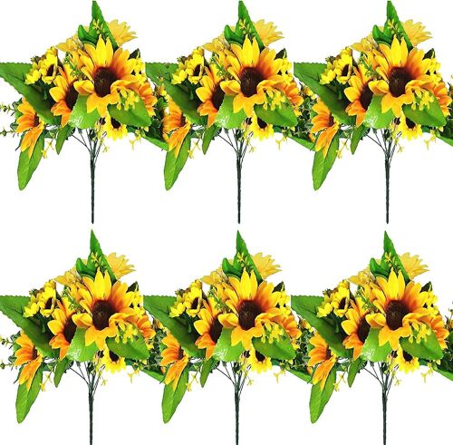 Lot de 6 tournesols artificiels ¿ Fleurs en soie jaune vif avec tiges pour décoration intérieure, mariages et centres de table