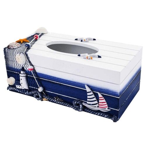 Boîte à mouchoirs en bois style maritime - Élégant porte-mouchoirs blanc et bleu pour la décoration de la maison et du bureau