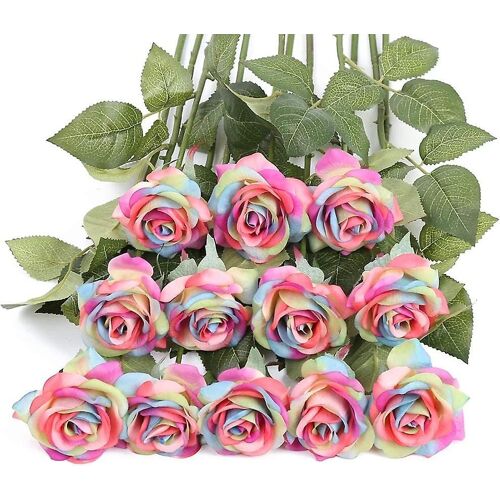 Bouquet de 12 roses artificielles arc-en-ciel éclatantes ¿ Fleurs en soie réalistes pour la décoration de la maison et des événements