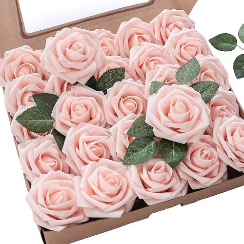 25 roses artificielles en mousse rose pâle avec tiges ¿ Fleurs réalistes à faire soi-même pour mariages, décoration intérieure et événements