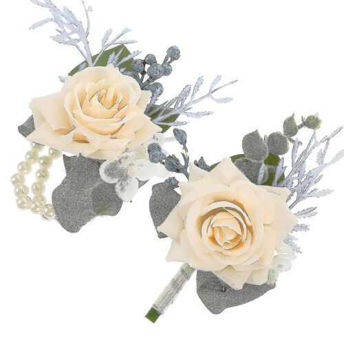 Ensemble élégant de corsage et boutonnière de fleurs artificielles beiges pour mariages, bals de finissants et occasions spéciales