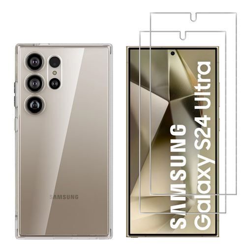 HQSELECTION® Coque pour Samsung Galaxy S24 Ultra 5G Transparente Silicone en Gel TPU Souple + 2 Verre trempé Film Protection écran - Anti Rayures - Ultra Résistant Dureté 9H