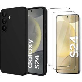 HQSELECTION® Coque Silicone NOIR Mat Pour Samsung Galaxy S24 5G + 2 Verre trempé Film Protection écran - Anti Rayures - Ultra Résistant Dureté 9H