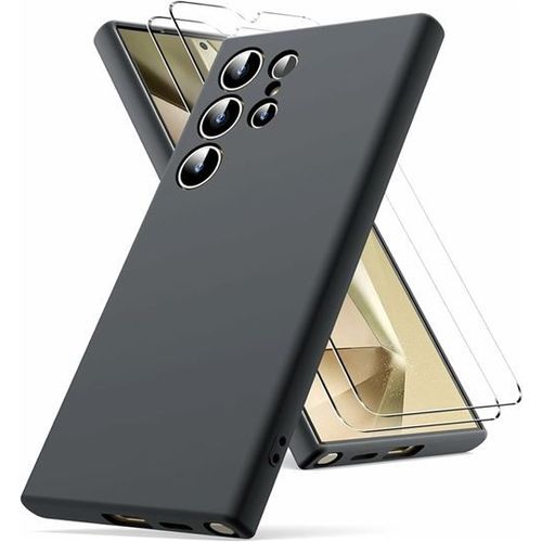 Hqselection® Coque Silicone Noir Mat Pour Samsung Galaxy S24 Ultra 5g + 2 Verre Trempé Film Protection Écran - Anti Rayures - Ultra Résistant Dureté 9h