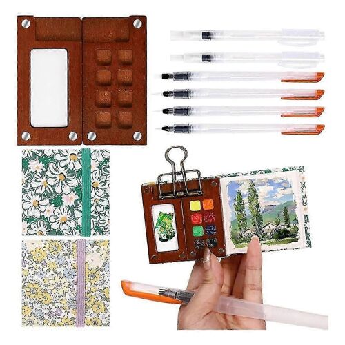 Mini Ensemble De Palette D'aquarelle Portable, Ensemble De Palette D'aquarelle De Voyage D'artiste De Poche, Peinture De Grille En Bois