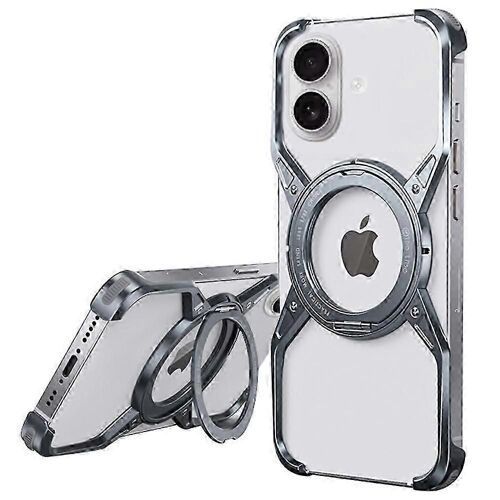 Pour iPhone 16 Coque Béquille Sans Cadre Alliage D'aluminium Pare-chocs Housse de Téléphone - Gris