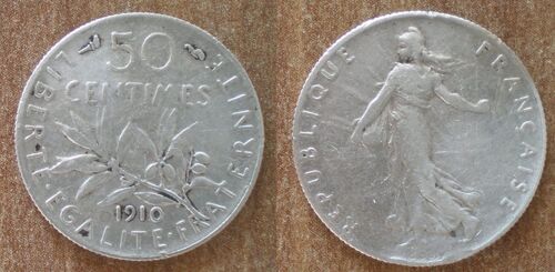 France 50 Centimes 1910 Piece Argent Semeuse Centime