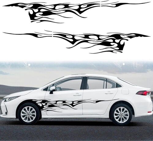 2 Pièces 280cm Flammes Graphiques Corps De Voiture Autocollants Latéraux Flamme Racing Sport Stripe Voiture Autocollant Vinyle Autocollant Universel Pour Toutes Les Voitures Suv Camion (Noir)