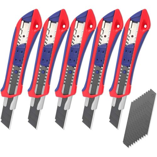 Cutter WORKPRO 5 Pièces, Couteau Utilitaire Rétractable 18mm, Acier Inox, Couteau de Graphique, 20 Lames en SK5 de Rechanges Compris