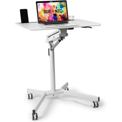 Duronic WPS57 Table de travail mobile blanc | Support à roulettes pour PC ou projecteur | Support de tablette et porte gobelet | Surface 70 x 52 cm | Hauteur ajustable 72 ? 105 cm | Capacité 10 kg