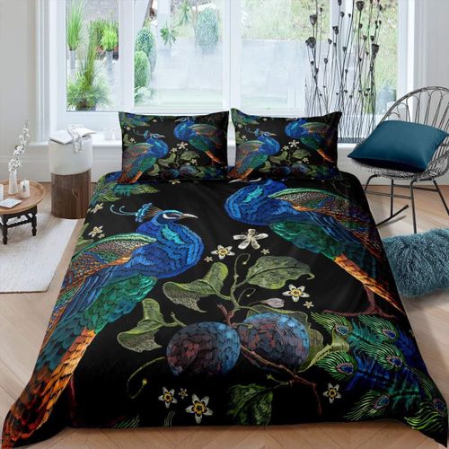 Kalanka-De Style Chinois Avec Housse De Couette Pour Enfants Et Adultes,Paon,Style Bohème,Housse De Couette Botanique Feuilles Et Branches,Simple 2 Pièces