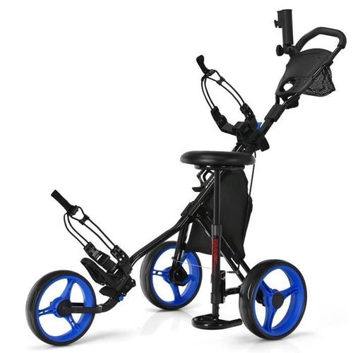Costway Chariot De Golf Pliable 3 Roues-4 Hauteurs Réglables-Siège Hydraulique-Porte-Parapluie Réglable-Porte-Boisson-Sac-Bleu
